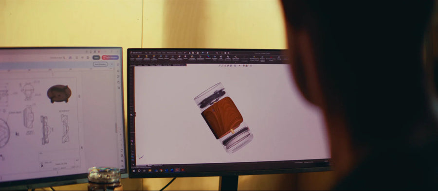 The brew plunger mechanism, prototype parts on the bench and the CAD model